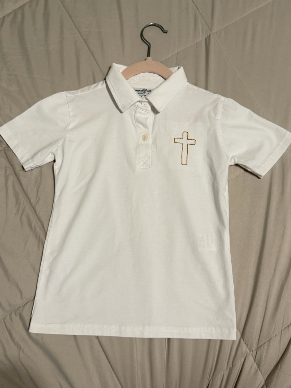 Kids White Polo Shirt with Gold Cross Embroidery